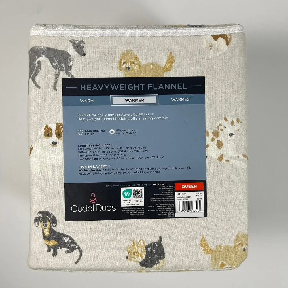 Cuddl Duds Queen Sheet Set Heavyweight Flannel Dog Toss Print 100% Cotton NEW